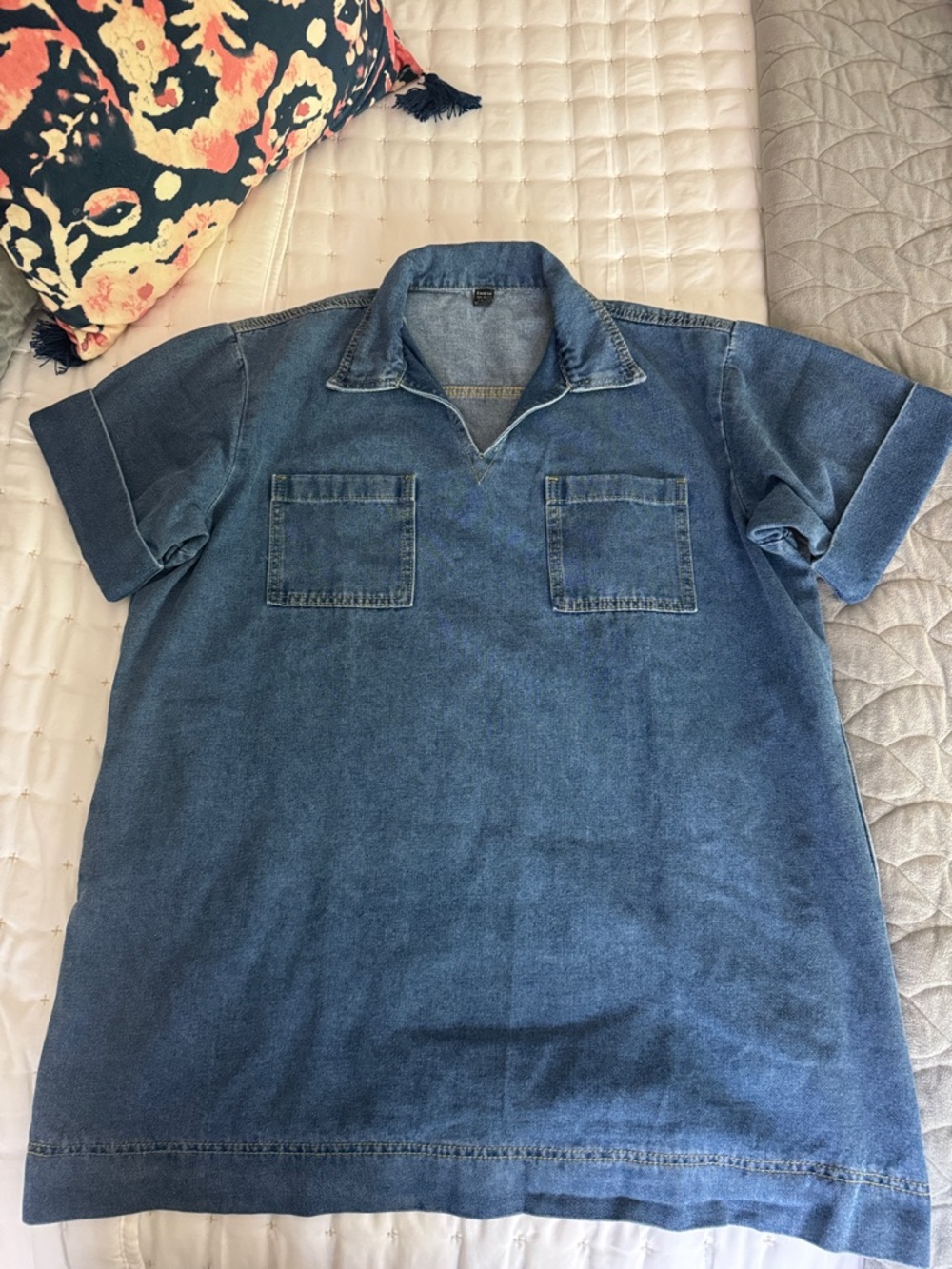 SHEIN Blue Denim Short-Sleeve Dress with Twin Chest Pockets